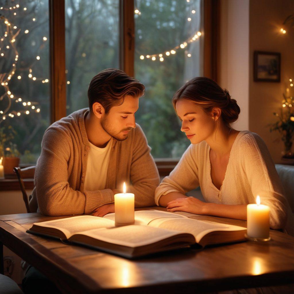 A warm, inviting scene of a couple enjoying a cozy candlelit dinner, surrounded by soft fairy lights. In the background, a single person is seen reading a book on love, radiating a sense of contemplation and self-discovery. Soft pastel colors enhance the intimate atmosphere, while fleeting glimpses of nature outside the window suggest growth and connection. super-realistic. warm tones. soft focus.