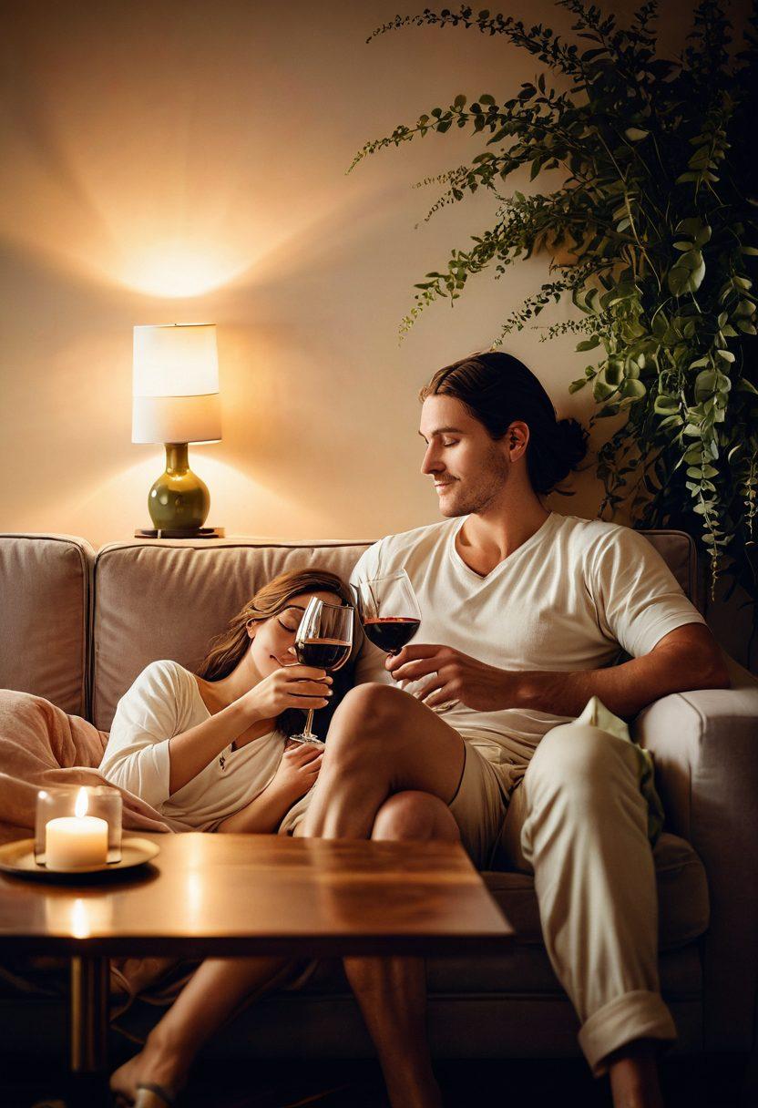 A cozy, intimate setting featuring a couple sitting close together on a soft couch, surrounded by warm ambient lighting. They are engaging in deep conversation, with soft cushions and plants in the background to evoke a sense of connection and warmth. A small table with a lit candle and two glasses of wine enhances the atmosphere of romance. The color palette should be soft and inviting with gentle tones. soft focus. warm colors. 3D.