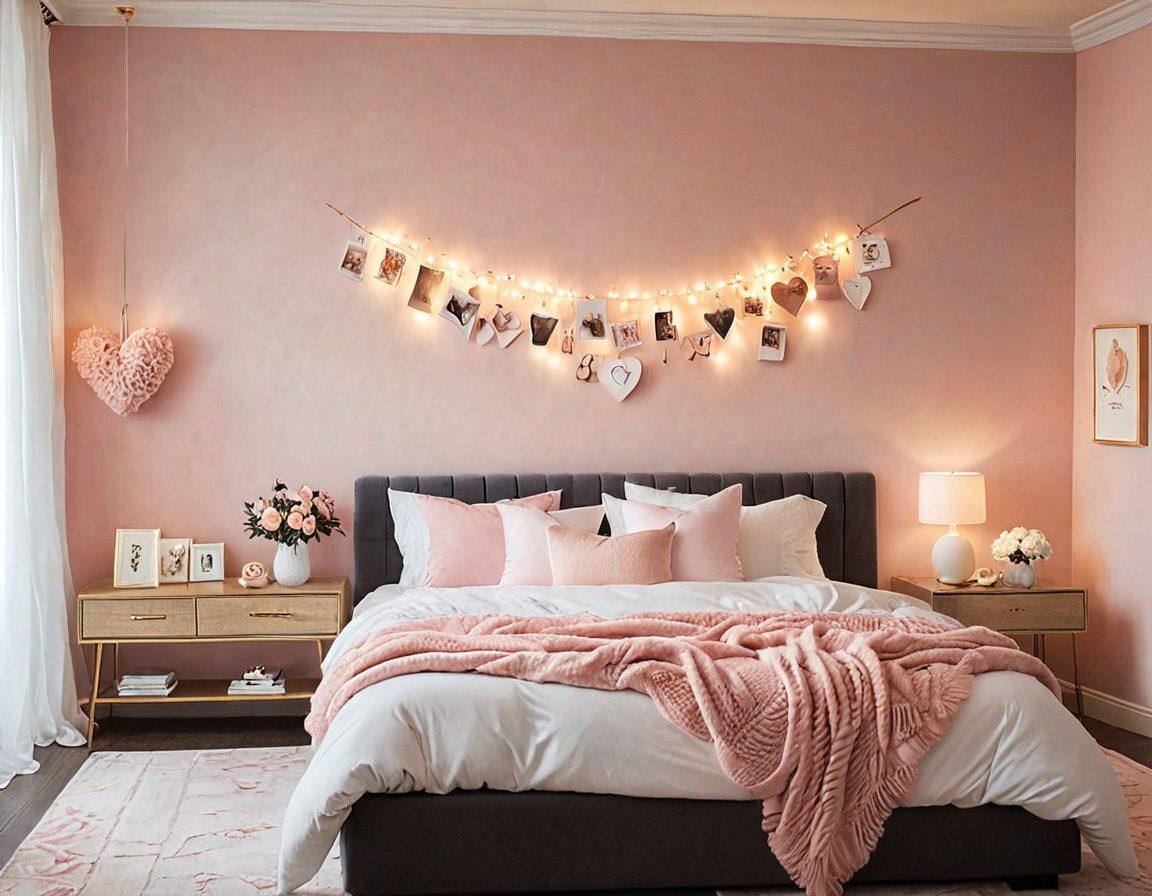 A cozy, softly lit bedroom setting with a couple sitting close together on a stylish bed, sharing laughter and tenderness. Surround them with symbols of love like heart-shaped decorations and personal mementos that represent their unique bond. Include calming colors with a warm glow to evoke feelings of intimacy and connection. super-realistic. warm colors. soft focus.